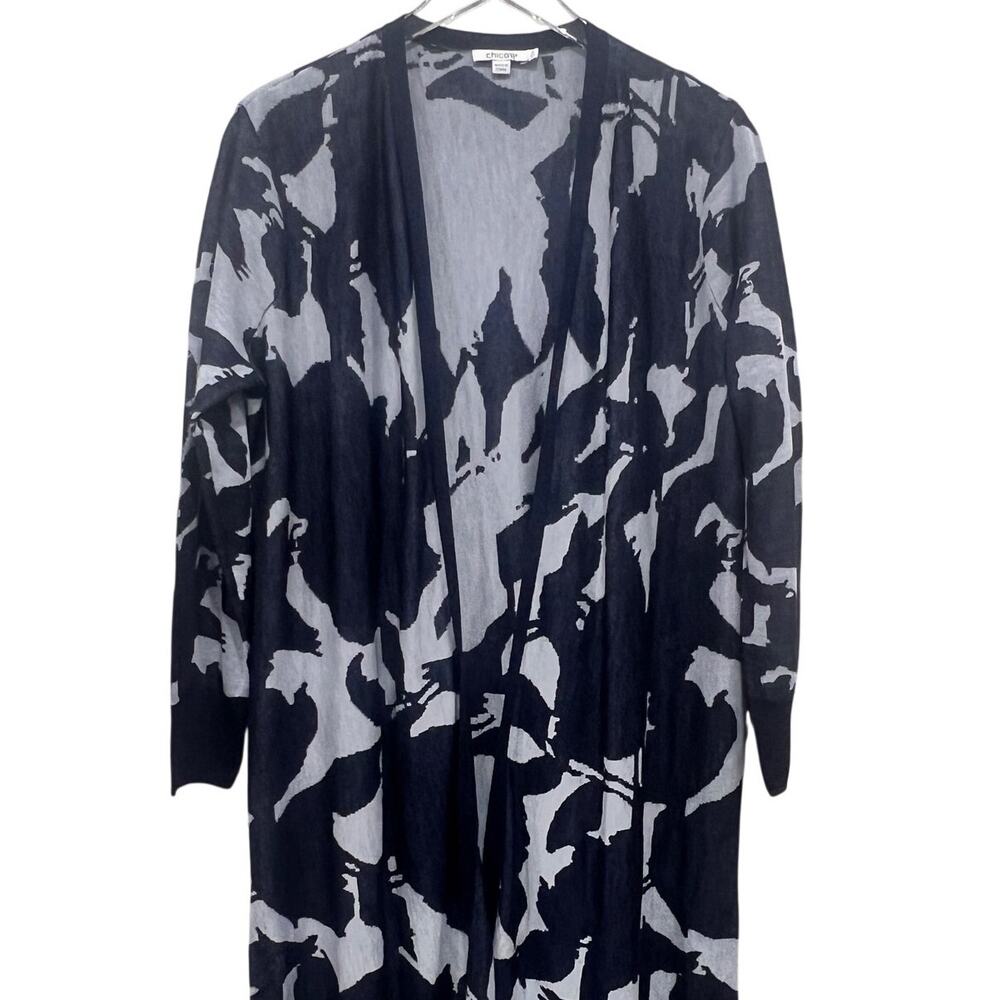 Chico’s Size 2 L / XL Open Front Cardigan Navy Gray Abstract Print Long Duster